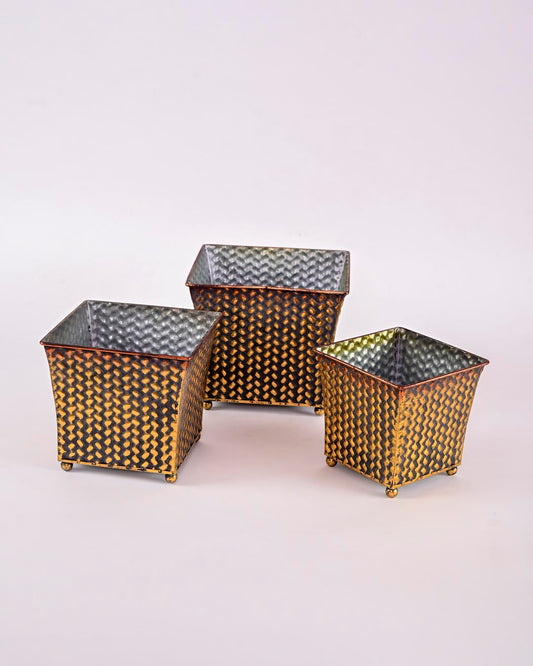 Antique Wicker Metal Planter - Set Of 3
